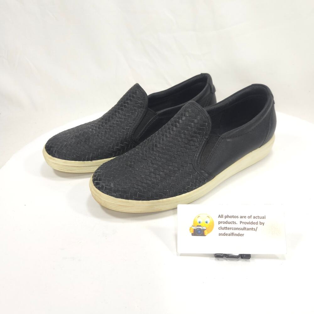 Ecco Woven Leather Slip On Casual Shoe Womens Size 7 47011301001 Black White